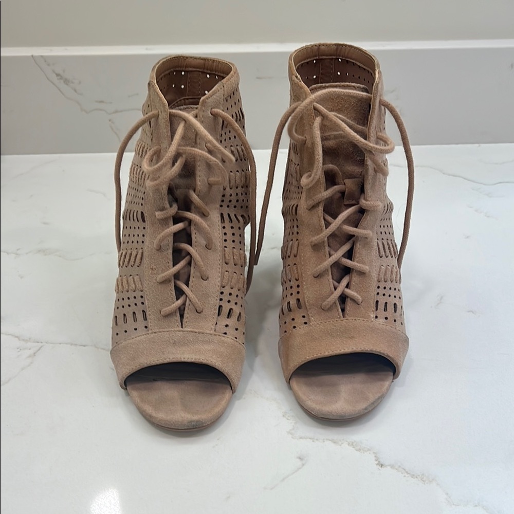 Women's Tan Peep-Toe Lace-Up Booties